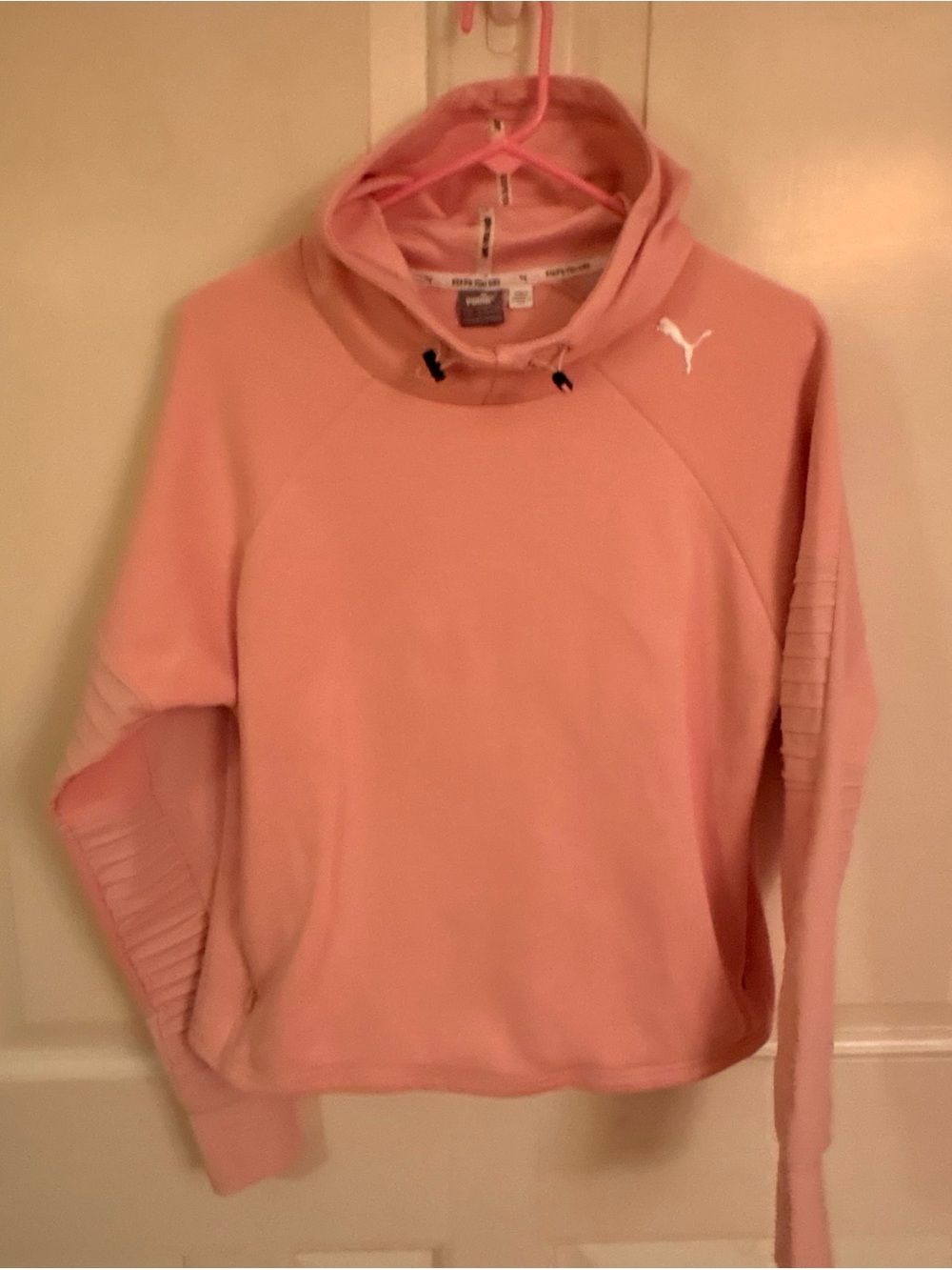PUMA Women's Evostripe DRYCELL Hoodie Pullover Blush Pink Funnel Neck Large